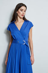 Mock Wrap Pleated Shirt Dress